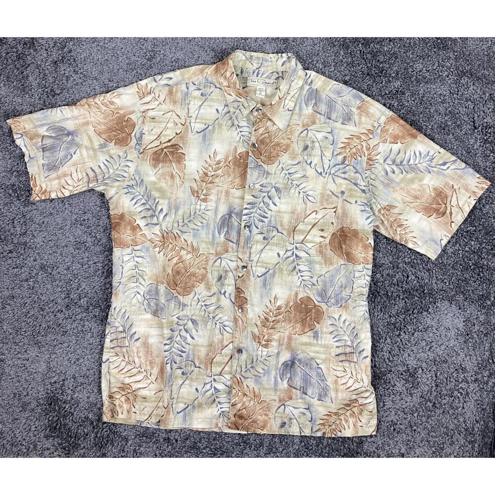 Tori Richard Honolulu Men's Shirt Cotton Hawaiian  Size L Beige Blue Brown Leaf